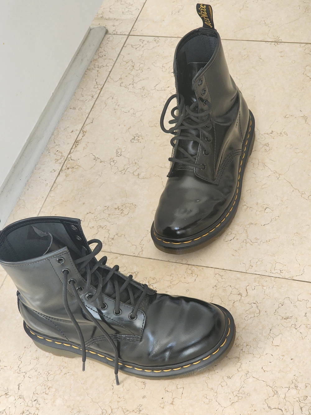 Dr. Martens Black Leather Lace-Up Ankle Boots with Yellow Stitch